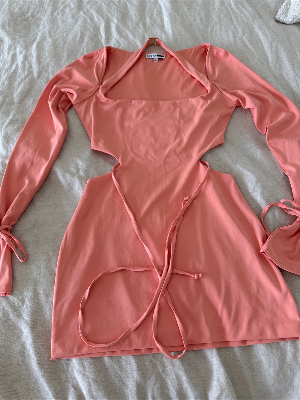 Fashion Nova Coral Cutout Long Sleeve Mini with Tie Details